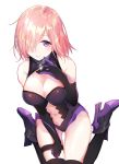  1girl akira_(ying) bare_shoulders black_footwear black_gloves black_legwear black_leotard blush boots breasts cleavage closed_mouth elbow_gloves fate/grand_order fate_(series) gloves hair_over_one_eye hand_on_own_chest hand_up high_heel_boots high_heels highres large_breasts leotard looking_at_viewer mash_kyrielight navel pink_hair short_hair simple_background sitting solo thigh-highs violet_eyes wariza white_background 