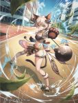  animal_ears ankleband ball_and_chain blue_sky breasts brown_eyes building cat_ears cat_tail clouds copyright_name crosswalk day fighting_stance gloves hair_ornament lamppost leaf light_brown_hair luck_&amp;_logic mito_itsuki navel nina_alexandrovna official_art outdoors paw_gloves paws road short_hair sky small_breasts standing tail tassel tattoo wind 