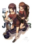  2girls backpack bag black_eyes black_hair bright_pupils brown_eyes brown_hair brown_shirt brown_skirt closed_mouth english eyewear_removed from_side ground_vehicle hibike!_euphonium kneehighs kousaka_reina looking_at_another motor_vehicle multiple_girls neckerchief norizc oumae_kumiko pleated_skirt ponytail red_neckwear sailor_collar school_uniform scooter serafuku shirt sitting skirt smile sparkle standing sunglasses vespa white_legwear white_sailor_collar 