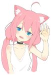  1girl :d absurdres animal_ears bangs black_choker blue_eyes blush cat_ears choker donguri_suzume fang hand_up highres hinata_channel looking_at_viewer low_twintails nekomiya_hinata open_mouth pink_hair shirt smile solo twintails upper_body waving white_shirt 