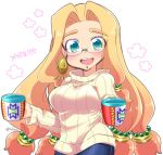  1girl :d aztec beads bespectacled blonde_hair blue_pants blush breasts chin_piercing cup denim earrings eyebrows eyebrows_visible_through_hair eyes_visible_through_hair fate/grand_order fate_(series) glasses green_eyes hair_beads hair_intakes hair_ornament holding holding_cup jeans jewelry large_breasts long_hair long_sleeves looking_at_viewer low-tied_long_hair open_mouth pants piercing quetzalcoatl_(fate/grand_order) ribbed_sweater rimless_eyewear smile solo sweater teeth tsukko_(3ki2ne10) turtleneck turtleneck_sweater twitter_username very_long_hair white_sweater 