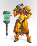  1girl absurdres alien brigitte_(overwatch) brown_eyes brown_hair capelet coattails commentary crossover full_body fusion hair_ornament hairclip hand_on_hip highres mace metroid metroid_(creature) over_shoulder overwatch ponytail power_armor sam_santala samus_aran sidelocks solo_focus weapon weapon_over_shoulder 