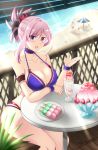  1girl :d arm_up armlet arms_on_table bangs bare_shoulders beach beach_umbrella bikini blanket blue_eyes blush bracelet breasts choker cleavage collarbone dango dessert fate/grand_order fate_(series) fence food frills fruit hair_ornament halterneck highres ice_cream jewelry large_breasts miyamoto_musashi_(fate/grand_order) ocean open_mouth outdoors parfait parted_bangs pink_hair plate ponytail purple_bikini railing sand sanshoku_dango shade sitting skewer smile starfish strawberry sundae swimsuit table the-sinner umbrella vacation wagashi water waves 