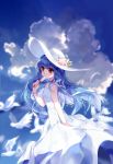  1girl artist_name blue_hair blush clouds cloudy_sky dated day dress eyebrows_visible_through_hair food fruit hat highres hinanawi_tenshi ling_mou long_hair looking_at_viewer outdoors peach popsicle red_eyes sky solo touhou very_long_hair white_dress white_hat 