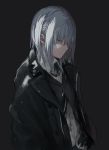  1boy black_background black_jacket black_vest blue_eyes closed_mouth collared_shirt grey_hair highres jacket jewelry long_sleeves necklace original shiroi_suzume shirt simple_background solo standing upper_body vest wing_collar 