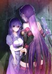  2girls bare_shoulders chains commentary_request dress eyebrows_visible_through_hair fate/stay_night fate_(series) grey_eyes hair_between_eyes highres holding holding_weapon long_hair looking_at_viewer matou_sakura multiple_girls purple_hair rider very_long_hair violet_eyes wall weapon ycco_(estrella) 
