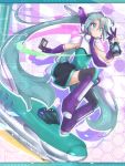  1girl akino_coto aqua_eyes aqua_hair gloves ground_vehicle hatsune_miku_(shinkalion) highres long_hair necktie shinkansen_henkei_robo_shinkalion solo thigh-highs train twintails vocaloid 