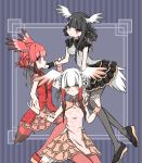  3girls adapted_costume alternate_hairstyle bangs bird_tail bird_wings black-headed_ibis_(kemono_friends) black_hair black_nails braid china_dress chinese_clothes commentary_request crown_braid double_bun dress frilled_dress frills hair_tie head_wings highres japanese_crested_ibis_(kemono_friends) kemono_friends multicolored_hair multiple_girls nail_polish pantyhose petit_ramune red_nails redhead scarlet_ibis_(kemono_friends) short_hair sidelocks sleeve_cuffs twin_braids white_hair wings 