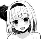  1girl :d bare_shoulders black_hairband black_ribbon blush collarbone commentary_request eyebrows_visible_through_hair greyscale hair_ribbon hairband head_tilt konpaku_youmu looking_at_viewer monochrome nigo_(aozoragarou) open_mouth ribbon short_hair simple_background smile solo touhou upper_body white_background 