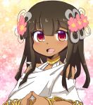  1girl bangs blunt_bangs blush bracelet brown_hair dark_skin egyptian egyptian_clothes eyebrows eyebrows_visible_through_hair eyes_visible_through_hair fate/prototype fate/prototype:_fragments_of_blue_and_silver fate_(series) fingernails fingers_together floral_background flower hair_flower hair_ornament halterneck jewelry long_hair looking_at_viewer multicolored multicolored_background nefertiti_(fate/prototype_fragments) orange_eyes pink_flower solo straight_hair teeth tongue tsukko_(3ki2ne10) twitter_username 