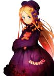  1girl abigail_williams_(fate/grand_order) bangs black_dress black_hat blonde_hair blush bow dress fate/grand_order fate_(series) green_eyes hair_bow hat long_hair looking_at_viewer nanasumin object_hug orange_bow parted_bangs purple_bow simple_background sleeves_past_fingers sleeves_past_wrists solo stuffed_animal stuffed_toy teddy_bear very_long_hair white_background 
