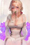  1girl amputee aoin blonde_hair blue_eyes braid breasts commentary_request double_amputee dress flower gem grey_dress hair_ribbon highres large_breasts looking_at_viewer mouth_hold red_ribbon ribbon single_bare_shoulder sitting solo violet_evergarden violet_evergarden_(character) 