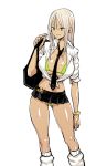  bag blonde_hair bracelet breasts earrings ganguro gluteal_fold green_eyes huge_breasts jewelry long_hair miniskirt necktie original skirt smile standing thong velzhe white_background 