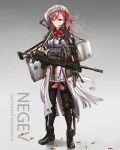  1girl ammunition_belt arm_strap armor bangs belt black_footwear black_legwear black_shirt boots bow braid breasts buckle bullet character_name clouds collared_shirt cross-laced_footwear exoskeleton eyebrows_visible_through_hair floating_hair full_body girls_frontline gloves gradient gradient_background gun hair_between_eyes hair_bow hair_ornament hair_ribbon hairclip handgun hat headset hexagram highres holding holding_gun holding_weapon imi_negev jacket knee_pads knife knife_holster lace-up_boots light_machine_gun long_hair looking_at_viewer machine_gun magazine_(weapon) medium_breasts military military_uniform negev_(girls_frontline) pink_hair pistol red_bow red_eyes reflection ribbon shell_casing shirt side_braid skindenation skirt sleeves_rolled_up solo standing star_of_david strap sun tactical_clothes testame text thigh-highs thigh_strap uniform weapon weapon_case wind wind_lift 