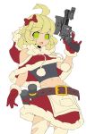  1girl abs absurdres ahoge apron bare_shoulders belt bow breasts fengmo_bojue fur_trim gloves green_eyes gun hair_bow handgun highleg highres holding holding_gun holding_weapon hood laser_sight medium_hair navel open_mouth original pinky_out red_bow red_gloves red_skirt revolver scope simple_background skirt small_breasts solo thigh-highs thong torn_clothes torn_thighhighs waist_apron weapon weapon_request white_background white_legwear work_in_progress 