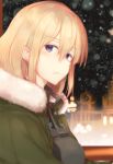  1girl anchor_symbol bangs bismarck_(kantai_collection) blonde_hair blue_eyes blush breastplate breasts city_lights cityscape closed_mouth coat eyebrows_visible_through_hair from_side fur-trimmed_coat fur_trim green_coat hair_between_eyes indoors kantai_collection large_breasts long_hair looking_at_viewer military military_uniform night night_sky osterei portrait sidelocks sky snow snowing solo uniform window 