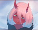  1girl blush commentary darling_in_the_franxx hair_between_eyes half-closed_eyes head_tilt hiiragi_hekitsuki horns letterboxed long_hair looking_at_viewer oni oni_horns parted_lips pink_hair red_skin sharp_teeth signature solo tears teeth upper_body zero_two_(darling_in_the_franxx) 