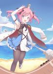  1girl :d ahoge armpits azur_lane beach blue_sky blurry clothes_on_shoulders commentary_request depth_of_field elbow_gloves flagpole gloves hairband highres holding horizon long_hair looking_at_viewer machinery military military_uniform momizi_lin naval_uniform ocean open_mouth pink_hair saratoga_(azur_lane) sky smile solo twintails uniform violet_eyes white_gloves 
