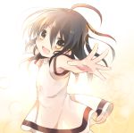 1girl :d ahoge bangs black_hair blush brown_eyes dress eyebrows_visible_through_hair hair_between_eyes long_hair looking_at_viewer looking_to_the_side open_mouth outstretched_arms shakugan_no_shana shana short_sleeves smile solo spread_arms tachitsu_teto white_dress younger 