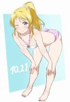  1girl ;) ayase_eli bare_legs barefoot bent_over blonde_hair blue_background blue_eyes blush breasts cleavage dated halterneck hands_on_own_knees leaning_forward looking_at_viewer love_live! love_live!_school_idol_project medium_breasts o-ring_bikini one_eye_closed ponytail scrunchie sidelocks smile solo striped_bikini_bottom turkey_min white_scrunchie 