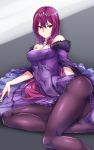  1girl ass bangs bare_shoulders breasts caster_(lostbelt) cleavage covered_navel detached_collar dress eyebrows_visible_through_hair fate/grand_order fate_(series) fur_trim hair_between_eyes highres hips jewelry long_hair looking_at_viewer lying medium_breasts on_side purple_dress purple_hair red_eyes shimeno_puni solo thighs tiara 