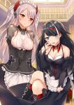  2girls apron azur_lane bangs bare_shoulders black_footwear black_hair black_shirt black_skirt blue_eyes blush bobo_(6630978) boots breasts brown_eyes cleavage closed_mouth collarbone commentary_request cross-laced_footwear day deutschland_(azur_lane) eyebrows_visible_through_hair fingernails hand_to_own_mouth headgear highres indoors iron_cross knee_boots lace-up_boots legs_crossed long_hair long_sleeves looking_at_viewer maid medium_breasts multicolored_hair multiple_girls nail_polish parted_lips pillar pink_nails prinz_eugen_(azur_lane) railing redhead see-through shirt sideboob silver_hair sitting skirt sleeveless sleeveless_shirt sleeves_past_fingers sleeves_past_wrists smile streaked_hair sunlight two_side_up very_long_hair waist_apron white_apron white_hair white_shirt wide_sleeves window 