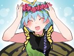  1girl ^_^ blue_hair blush butterfly_wings closed_eyes commentary_request eternity_larva hammer_(sunset_beach) head_wreath leaf open_mouth sleeveless smile solo touhou upper_body wings 