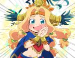  1girl :d aqua_eyes aztec bead_necklace beads blonde_hair blue_cape blush bracer cape chin_piercing emphasis_lines eyebrows eyebrows_visible_through_hair eyes_visible_through_hair fate/grand_order fate_(series) feathers groin hair_beads hair_intakes hair_ornament hands_clasped hands_up headband headdress jewelry long_hair low-tied_long_hair navel neck_ring necklace open_mouth own_hands_together piercing poncho quetzalcoatl_(fate/grand_order) smile solo sparkle stomach tsukko_(3ki2ne10) twitter_username 