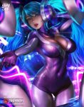 1girl alternate_costume aqua_hair blue_hair bodysuit breasts cleavage cleavage_cutout dj dj_sona fishnets gradient_hair hand_on_headphones hand_on_headset headphones highres large_breasts league_of_legends logan_cure long_hair multicolored_hair neon_lights open_mouth skin_tight sona_buvelle spandex twintails 