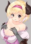  1girl bangs bare_shoulders blonde_hair blush bow breast_suppress breasts brown_eyes cleavage collarbone commentary_request djeeta_(granblue_fantasy) draph dress eyebrows_visible_through_hair fighter_(granblue_fantasy) frilled_dress frills gauntlets granblue_fantasy grey_background hairband hands_on_own_chest heart_bow hidaka0503 highres horns juliet_sleeves large_breasts long_sleeves off_shoulder open_mouth pink_dress pink_hairband pointy_ears puffy_sleeves short_hair simple_background solo sweatdrop tagme tearing_up upper_body 