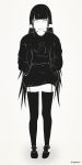  1girl absurdres dangan_ronpa greyscale hands_in_pockets harukawa_maki high_contrast highres long_hair looking_to_the_side monochrome new_dangan_ronpa_v3 pantyhose shoes simple_background sneakers solo standing suspe sweatshirt thigh-highs 