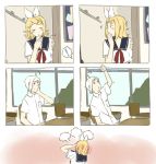  1boy 1girl 4koma blonde_hair blown_kiss blush catching classroom comic covering_mouth embarrassed hetero kagamine_rin school_uniform silent_comic smile tod-mugi utatane_piko vocaloid 