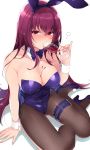  1girl blush breasts cleavage collarbone cup detached_collar drinking_glass fate/grand_order fate_(series) fishnet_pantyhose fishnets hair_between_eyes high_heels highres inari_(inariya) leotard long_hair looking_at_viewer medium_breasts pantyhose purple_footwear purple_hair purple_leotard red_eyes scathach_(fate/grand_order) shadow simple_background sitting solo spill very_long_hair white_background wine_glass wrist_cuffs 
