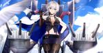  1girl azur_lane bangs belt bird black_gloves black_legwear blue_eyes blue_sky blurry boots breasts cannon chains choker cleavage clouds collarbone commentary_request cowboy_shot cross cross_necklace depth_of_field eternity_(pixiv8012826) eyebrows_visible_through_hair eyes_visible_through_hair floating_hair gloves hair_between_eyes half_gloves hand_on_hip hand_up head_tilt highres jacket_on_shoulders jewelry large_breasts looking_at_viewer machinery military_jacket mole mole_on_breast navel necklace outdoors pantyhose parted_lips pencil_skirt short_hair sidelocks silver_hair skirt sky smile solo thigh-highs thigh_boots washington_(azur_lane) wind wind_lift wrist_straps 