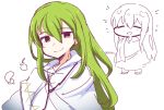  /\/\/\ 1boy :d androgynous bangs barefoot chibi closed_eyes closed_mouth enkidu_(fate/strange_fake) eyebrows eyebrows_visible_through_hair fate/strange_fake fate_(series) feathers green_hair hair_between_eyes legs_apart long_hair open_mouth orange_eyes robe simple_background smile solo standing straight_hair tsukko_(3ki2ne10) twitter_username upper_body white_background 