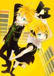  1boy 1girl blue_eyes controller game_console game_controller hand_holding kagamine_len kagamine_rin nail_polish project_diva_(series) project_diva_f reciever_(module) remote_control rimocon_(vocaloid) sega_dreamcast shoes short_hair short_ponytail simple_background transmitter_(module) vocaloid yellow_background yellow_nails 