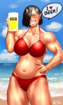  1girl abs alcohol beach beer beer_mug bikini black_hair blush breasts buff cleavage commentary_request day drunk earrings elf-san_wa_yaserarenai. english fangs grin hair_over_one_eye hand_on_hip highres jewelry large_breasts muscle muscular_female navel ocean oga-san oni oni_horns pink_skin pointy_ears red_bikini red_eyes short_hair smile solo speech_bubble standing stomach swimsuit taikyokuturugi thick_thighs thighs 