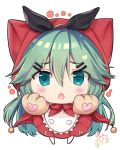  1girl blush chestnut_mouth chibi commentary_request fang gloves green_eyes green_hair hair_ornament hairclip heart heart-shaped_pupils kantai_collection little_red_riding_hood long_hair looking_at_viewer maruma_(maruma_gic) paw_gloves paws signature solo symbol-shaped_pupils white_background yamakaze_(kantai_collection) 