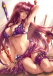  1girl arm_up armpits bangs bikini bracelet breasts commentary_request eyebrows_visible_through_hair fate/grand_order fate_(series) flower gae_bolg hair_flower hair_ornament head_tilt highres jewelry large_breasts long_hair navel parted_lips polearm purple_bikini purple_flower purple_hair ryou_(pix_gallerio) sarong scathach_(fate/grand_order) see-through shiny shiny_hair sitting solo spear swimsuit thigh_strap very_long_hair weapon yokozuwari 