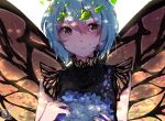  1girl :&gt; artist_name black_dress blue_hair butterfly_wings commentary dappled_sunlight dress english_commentary eternity_larva euneun flower hair_between_eyes holding holding_flower looking_at_viewer orange_eyes short_hair simple_background sleeveless sleeveless_dress smile solo sunlight touhou upper_body white_background wings 