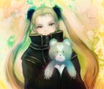  1girl abstract_background aoki_hagane_no_arpeggio black_coat blonde_hair claws closed_mouth eyelashes fur-trimmed_hair_tie gold_trim green_eyes haruna_(aoki_hagane_no_arpeggio) high_collar holding holding_stuffed_animal katari long_hair looking_at_viewer ringlets sleeves_past_wrists smile stuffed_animal stuffed_toy teddy_bear twintails very_long_hair yotarou_(aoki_hagane_no_arpeggio) zipper 