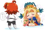  2girls ahoge aztec beads black_legwear black_skirt blonde_hair blue_cape blush bracer cape chaldea_uniform chibi chin_piercing closed_eyes eyebrows fate/grand_order fate_(series) feathers flower flying_sweatdrops fujimaru_ritsuka_(female) hair_beads hair_ornament hands_on_hips headband headdress legs_apart long_hair long_sleeves low-tied_long_hair miniskirt motion_lines multiple_girls one_side_up open_mouth orange_hair orange_scrunchie pantyhose piercing pleated_skirt quetzalcoatl_(fate/grand_order) short_hair sitting skirt standing translation_request tsukko_(3ki2ne10) twitter_username v_arms wariza wavy_mouth 