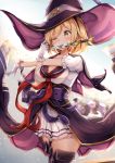  1girl bangs black_footwear black_hat black_legwear black_sailor_collar blonde_hair blue_sky blush boots breasts brown_eyes cleavage closed_mouth collarbone commentary_request dagger day djeeta_(granblue_fantasy) eyebrows_visible_through_hair gloves granblue_fantasy hat medium_breasts mouth_hold neckerchief one_eye_closed outdoors pleated_skirt red_neckwear sailor_collar school_uniform serafuku shiero. shirt skirt sky solo thigh-highs thigh_boots weapon white_gloves white_shirt white_skirt witch_hat 