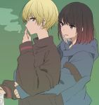  2girls blonde_hair brown_hair commentary_request couple earrings green_background hand_up highres holding hug hug_from_behind jewelry long_sleeves looking_at_another monsieur mouth_hold multiple_girls original pink_eyes profile red_eyes short_hair simple_background smoking sweater 