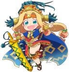  1girl :d aztec bead_necklace beads blonde_hair blue_cape blush bracer brown_footwear cape chibi chin_piercing fang fate/grand_order fate_(series) feathers full_body green_eyes hair_beads hair_intakes hair_ornament headband headdress holding holding_sword holding_weapon jewelry leg_up loincloth long_hair low-tied_long_hair miniskirt neck_ring necklace open_mouth piercing poncho quetzalcoatl_(fate/grand_order) red_skirt sandals simple_background skirt smile solo standing standing_on_one_leg sword tsukko_(3ki2ne10) twitter_username very_long_hair weapon white_background 