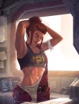  1girl adjusting_hair armband armpits backlighting breasts brigitte_(overwatch) brown_hair closed_eyes clothes_writing commentary crop_top crowgod english_commentary eyebrows freckles hands_in_hair highres long_hair navel nose overalls overwatch ponytail single_strap sleeveless small_breasts solo stomach toned workshop 