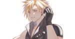  1boy belt_buckle black_gloves blonde_hair blue_eyes buckle cloud_strife collarbone commentary_request earrings final_fantasy final_fantasy_vii final_fantasy_vii_advent_children gloves hand_up hao_xiang_yishui_bu_xing highres jewelry light_smile male_focus parted_lips popped_collar ribbed_shirt shirt short_hair shoulder_belt single_bare_shoulder single_shoulder_pad sleeveless sleeveless_shirt solo spiky_hair stud_earrings upper_body white_background zipper 