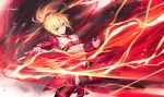  1girl black_legwear blonde_hair breasts clarent detached_sleeves fate/apocrypha fate/grand_order fate_(series) flashing green_eyes kousaki_rui lightning_bolt mordred_(fate) mordred_(fate)_(all) ponytail red_scrunchie scrunchie stomach sword weapon 