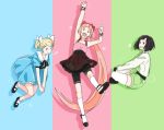  3girls absurdly_long_hair arm_up blonde_hair blue_dress blue_eyes bob_cut bow brown_eyes color_connection dress floating flower green_shorts grin hair_bow hair_ornament hairclip heart indian_style kagamine_rin kneehighs long_hair long_ponytail looking_at_viewer mary_janes multicolored multicolored_background multiple_girls nekomura_iroha pink_eyes pink_hair ponytail powerpuff_girls shoes short_hair short_twintails shorts shorts_under_skirt simple_background sitting skirt smile socks star thigh-highs tod-mugi twintails very_long_hair vocaloid white_legwear yumemi_nemu 