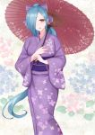  .live 1girl :d blue_hair bow commentary_request floral_print hair_bow hair_over_one_eye high_ponytail holding holding_umbrella japanese_clothes kimono long_hair long_sleeves looking_at_viewer obi open_mouth oriental_umbrella ponytail print_kimono print_umbrella purple_bow purple_kimono red_eyes red_umbrella saruton sash smile solo umbrella very_long_hair virtual_youtuber wide_sleeves yamato_iori 